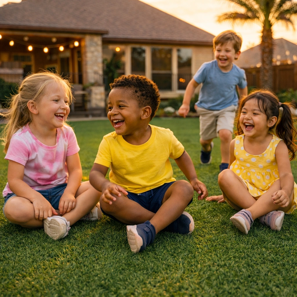 Child playing barefoot on artificial turf